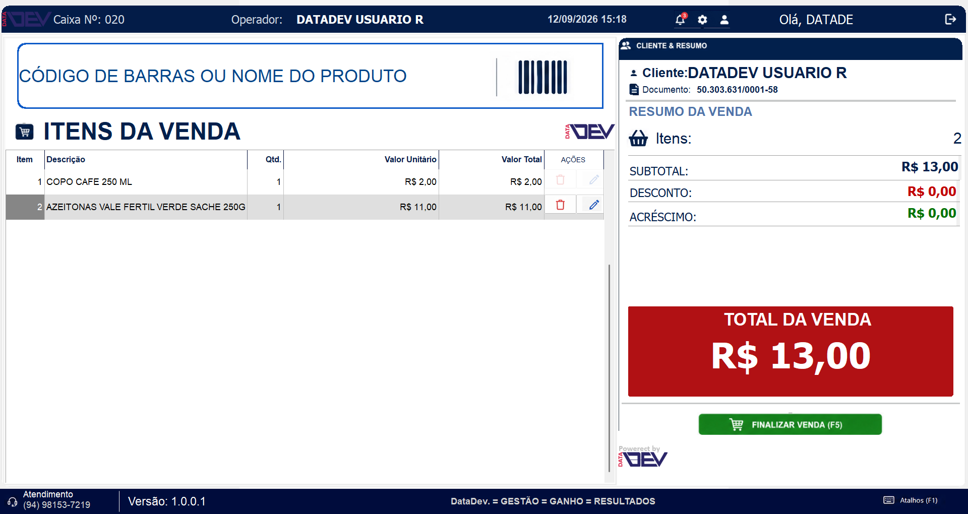 Tela real do PDV DataSuper com itens da venda e total